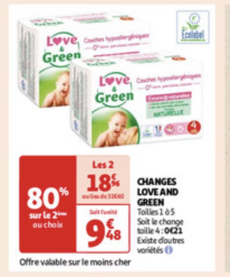 -80% sur 2 Paquets de Couches Changes bébé - Love and Green T1 à T5
