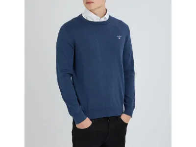 Gant Pull En Coton Bleu À Col Ras Du Cou