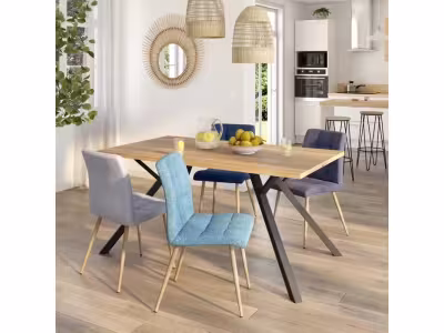 Lot de 4 chaises POKE Tissu simili lin bleu et gris