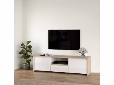 Meuble TV 2P/1T MOSS Blanc laqué/ Imitation chêne