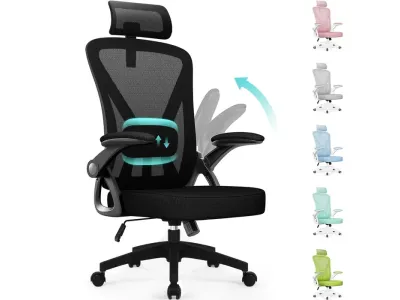 ADORMII Chaise Bureau Accoudoirs Rabattables Support Lombaire En Mousse Hauteur Réglable Charge 150kg