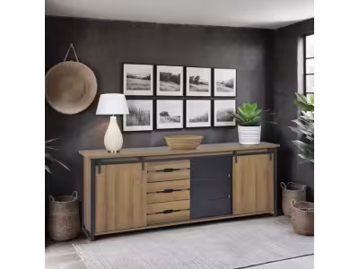 Buffet 2 portes 6 tiroirs CAISSE imitation chêne et noir
