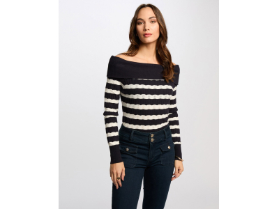 Pull col bardot rayé bleu marine 