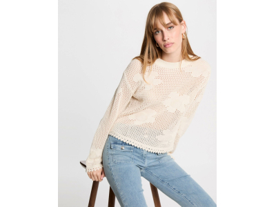 Pull col rond ajouré ivoire 