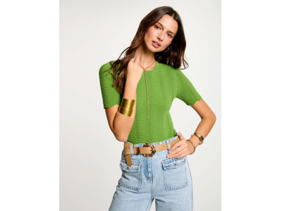 Pull manches courtes col rond vert anis