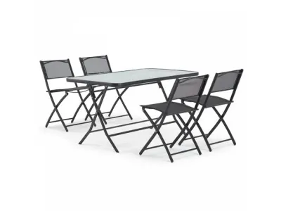 Table de jardin et 4 chaises pliantes en acier et verre noir
