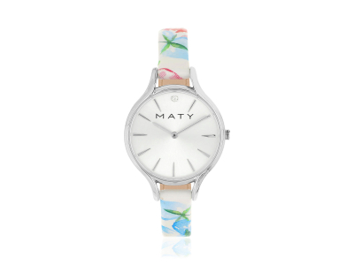 Montre femme chromée bracelet cuir fleurs