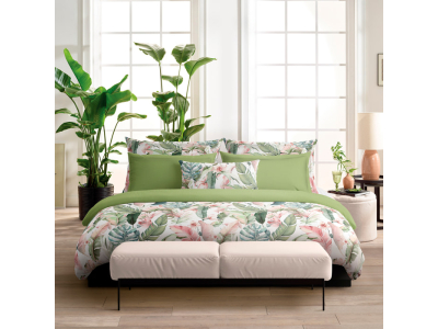 Ensemble housse de couette + taie(s) Palma - satin de coton - blanc et vert