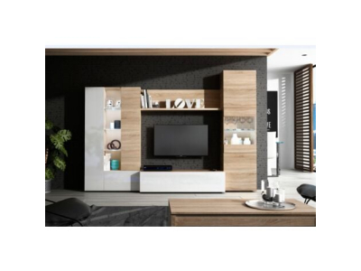 Mural équipé porte Tv 260 cm blanc brillant et chêne clair 