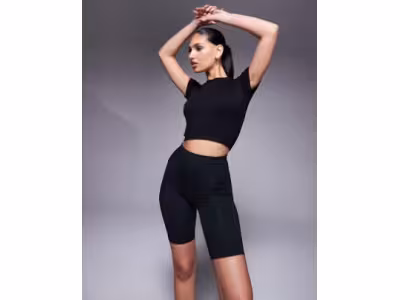 T-shirt de sport effet rétréci côtelé sans coutures - Noir