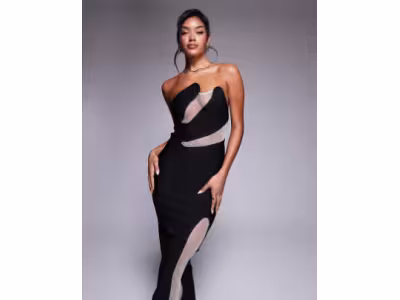 Robe longue bandeau avec empiècements en tulle - Noir