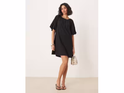Robe en popeline à manches bouffantes - Noir