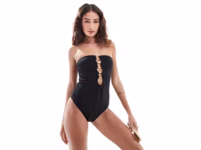 Maillot 1 pièce bandeau à découpe et détail anneau doré - Noir