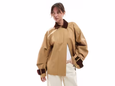 Trench-coat court avec col et poignets en velours côtelé - Taupe