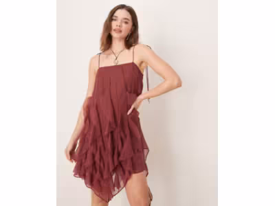 Robe courte à volants et bretelles nouées - Marron chocolat