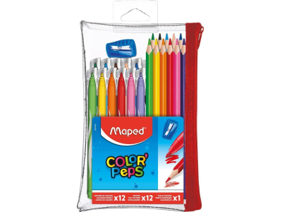 Maped - Trousse Garnie Transparente Color'Peps - 12 Crayons de couleur + 12 Feutres Lavables et Résistants au séchage + 1 Taille crayon - Trousse...
