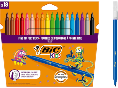  BIC Kids Visa Feutres de Coloriage à Pointe Fine, Lavables, Encre à base d'eau - Couleurs Assorties, Etui Carton de 18