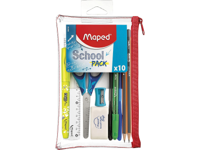 Trousse Transparente avec 10 pièces School Pack - La trousse Complète pour les Exams - 3 Stylos, 2 Crayons à Papier, 1 Surligneur, Ciseaux, Gomme,...