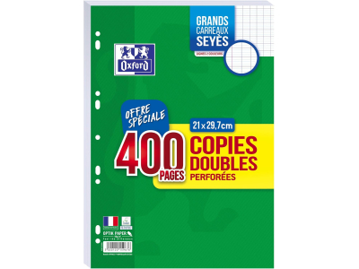 OXFORD Lot de 400 Pages Copies Doubles Grands Carreaux Seyes Format A4 (21x29,7cm) Perforees