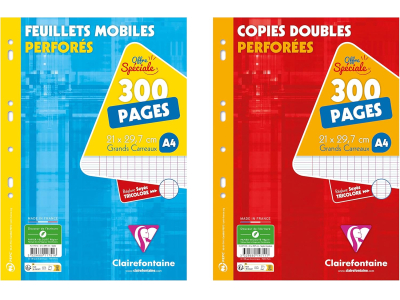 Clairefontaine 11751AMZC Lot de 2 Paquets de Copies Perforées : 300 Pages FEUILLETS MOBILES + 300 Pages COPIES DOUBLES - A4 21x29,7 cm - Grands Carreaux -...