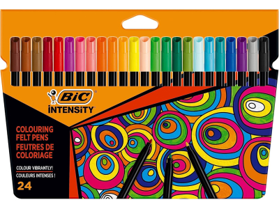  BIC Intensity Feutres de Coloriage Encre Lavable à Base d'Eau - Corps Noir - Couleurs Assorties, Pack de 24