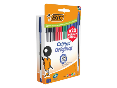 Bic - Pochette de 20 stylos-billes Cristal Original - pointe moyenne 1,0 mm