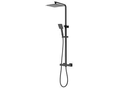 Colonne de douche thermostatique avec pomme de tête, douchette et flexible, noir mat