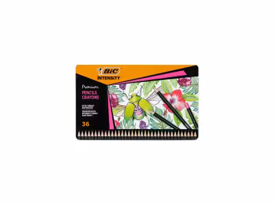  Boîte Premium Intensity Woodcase. Contient 36 crayons de couleur en bois Premium BIC Intensity qui offrent une expérience de coloriage douce et fluide, surpassant celle de nos crayons de couleur classiques. Ces crayons d’art de qualité pour adultes proposent des couleurs vives qui donnent vie aux esquisses, dessins, illustrations, et bien plus encore. Ils sont dotés d'une mine douce, sans trace et enrichie en pigments pour des e