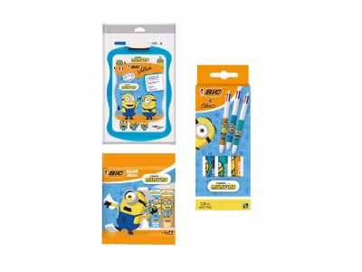 BIC 6 tubes de colle, 3 stylos-bille 4 couleurs et 1 ardoise Velleda double-face avec marqueur effaçable et chiffonnette Les Minions