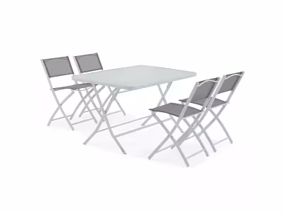Table de jardin et 4 chaises pliantes en acier et verre gris Oviala