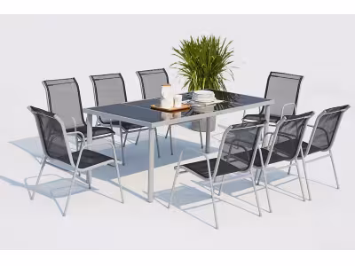 Table de jardin et 8 chaises en acier et toile PVC gris - LUSIANA