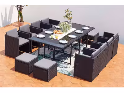 Table et chaises 12 places encastrables en résine noir/gris - MIAMI