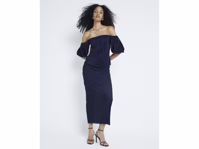Jupe midi plissée bleu marine