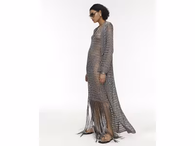 Cardigan maxi en crochet gris métallisé RI Studio