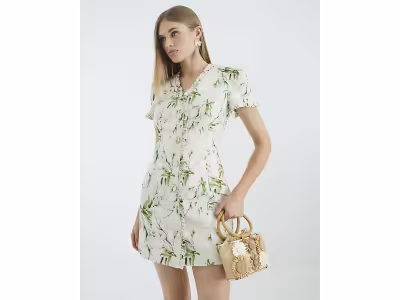 Mini-robe à volants fleurie en lin mélangé crème