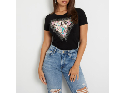 GUESS T-shirt Cherry - motif fleuri - coton - noir