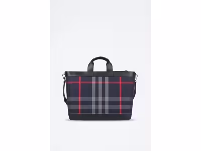 BURBERRY Cabas en cuir Ormond Check Bin - Bleu marine