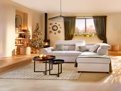 Canapé d'angle réversible convertible OLYMPE 4 places Tissu Beige Coffre de rangement